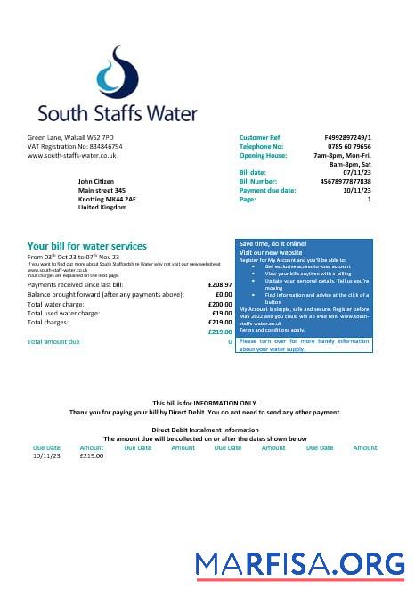 Printable United Kingdom South Staffs Water water utility bill Word and PDF formats, version 2 real example